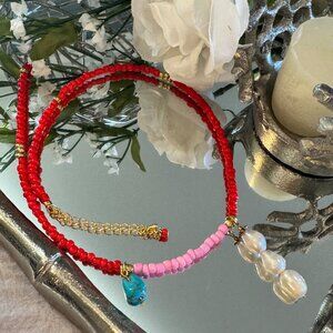 Colorful Beaded Necklace – Red, Pink & Turquoise with Pearl Drop – Handmade Boho